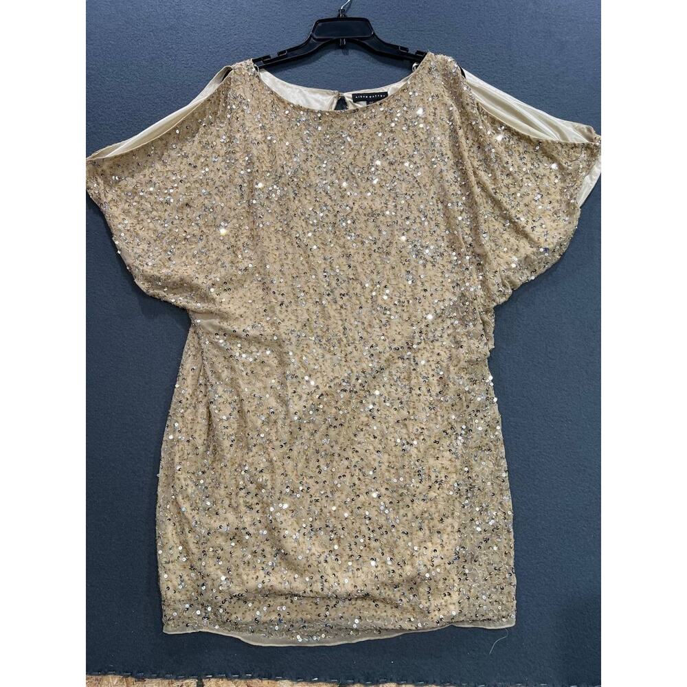 Aidan Mattox Gold Sequin Silk Dolman Cold Shoulder Cocktail Dress 16 A008915 - Picture 2 of 9